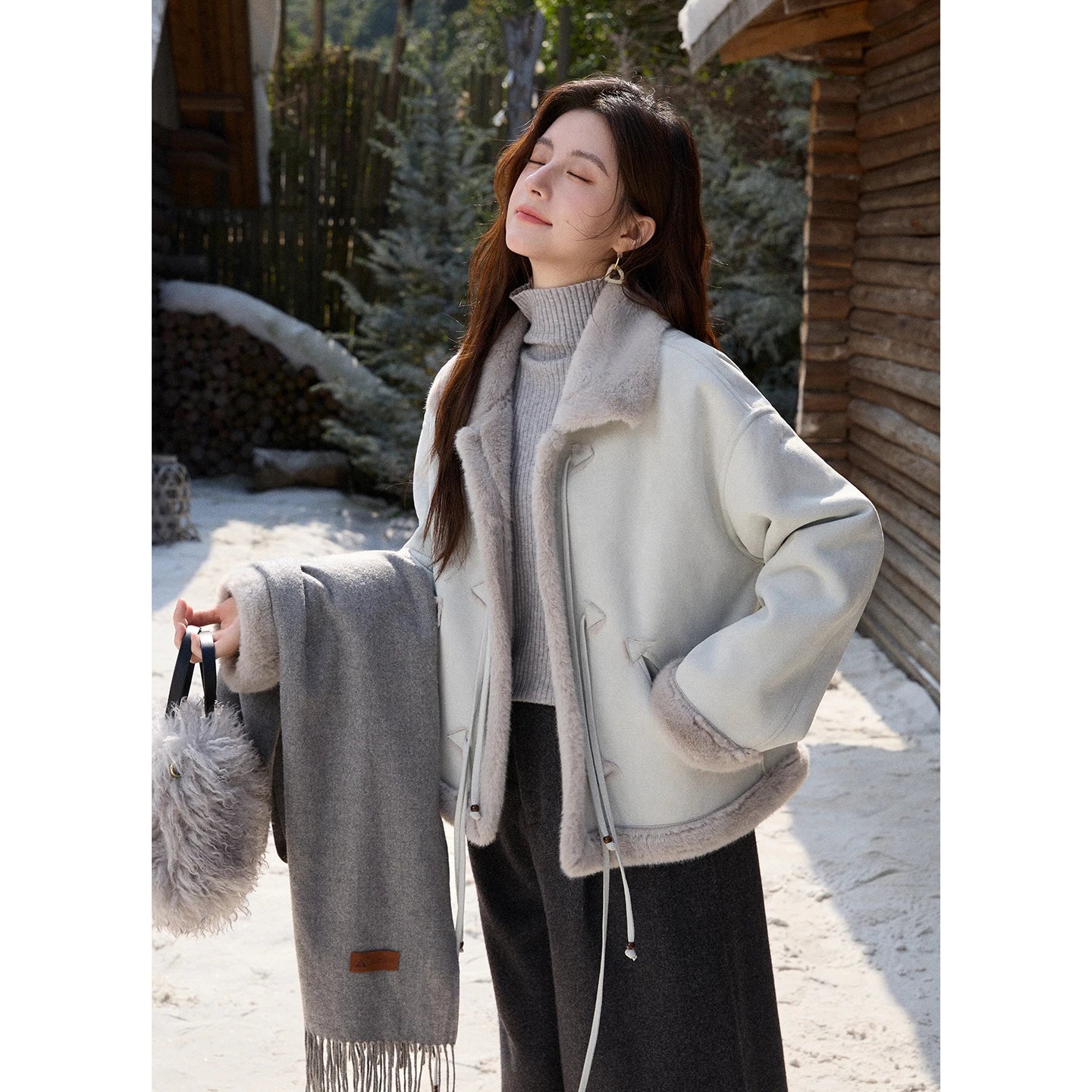 Mishow Suede Imitation Mink Fur Lace-Up Coat MXE90W0921