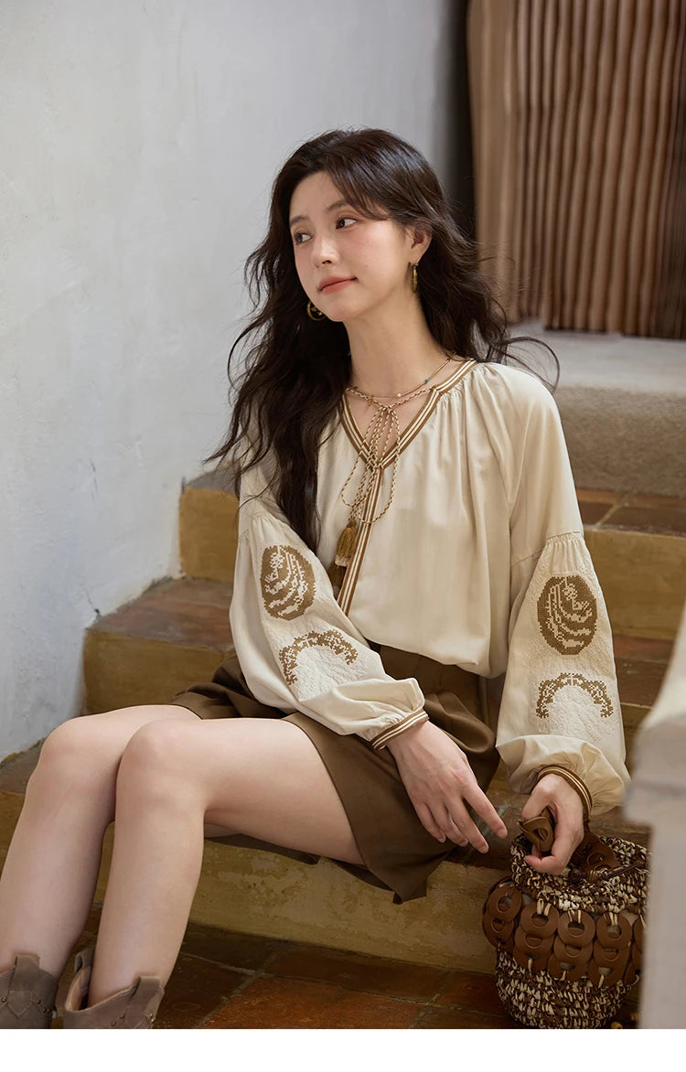MISHOW Apricot Embroidered Blouse Tassels Lantern Sleeves MXE41X1940