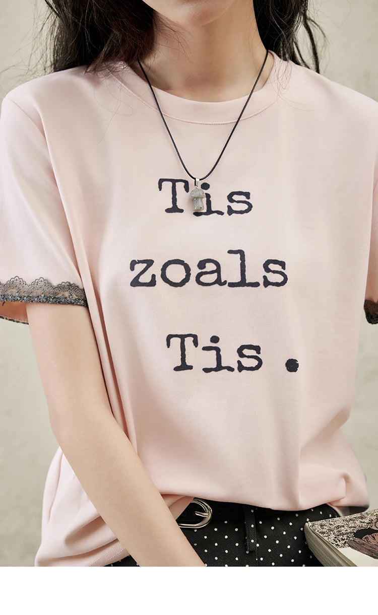 Mishow Pink Letter Print Lace Trim Tee MXE32T0529