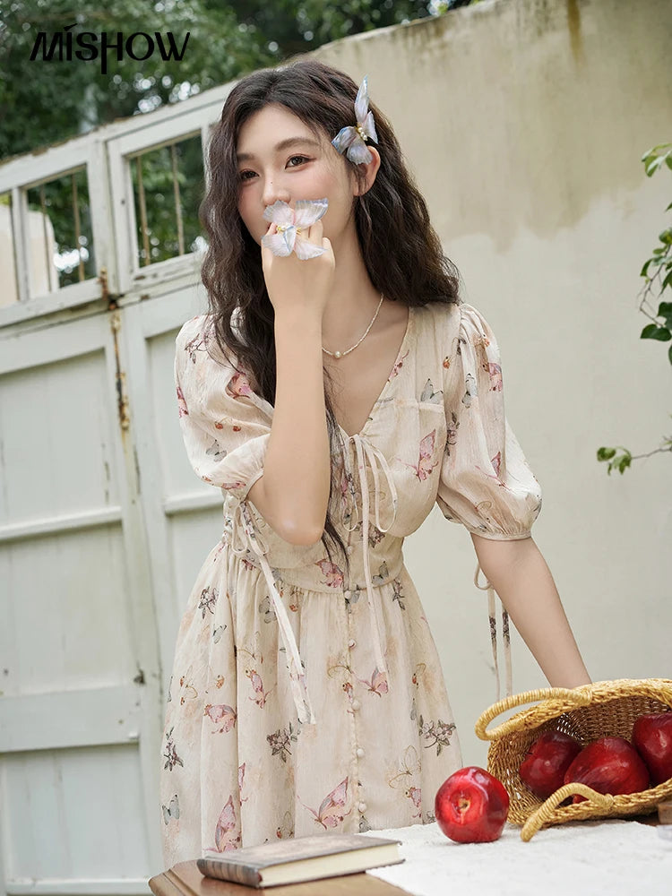 Mishow Butterfly Print V-Neck Lace-Up Bubble Sleeve Dress MXD15L1778