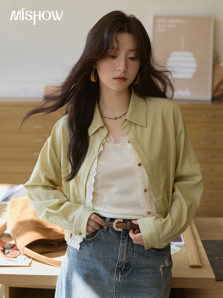 MISHOW Green Fake Two Piece Shirt Lace Patchwork Lapel MXE41C2348