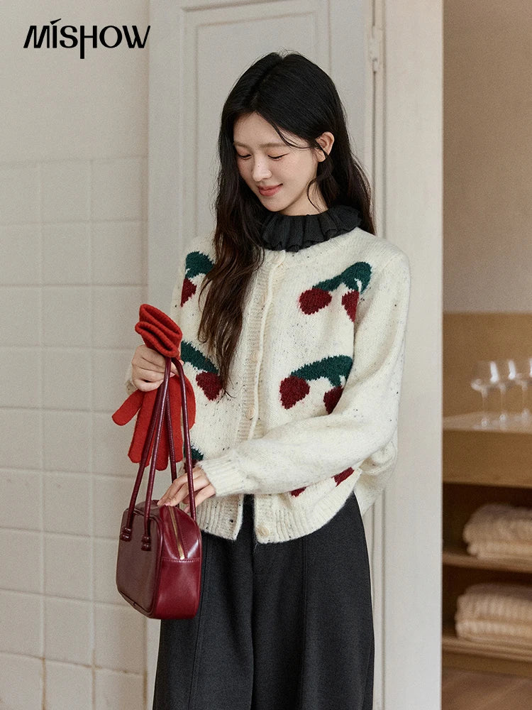 Mishow Cherry Jacquard Flecked Drop Shoulder Cardigan MXE91Z2837