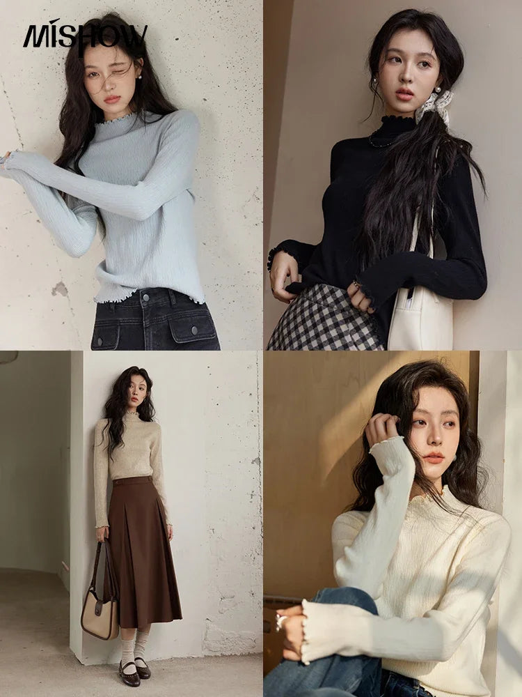 Mishow Ruffled Edge High Collar Slim Knit Top MXD48Z0850