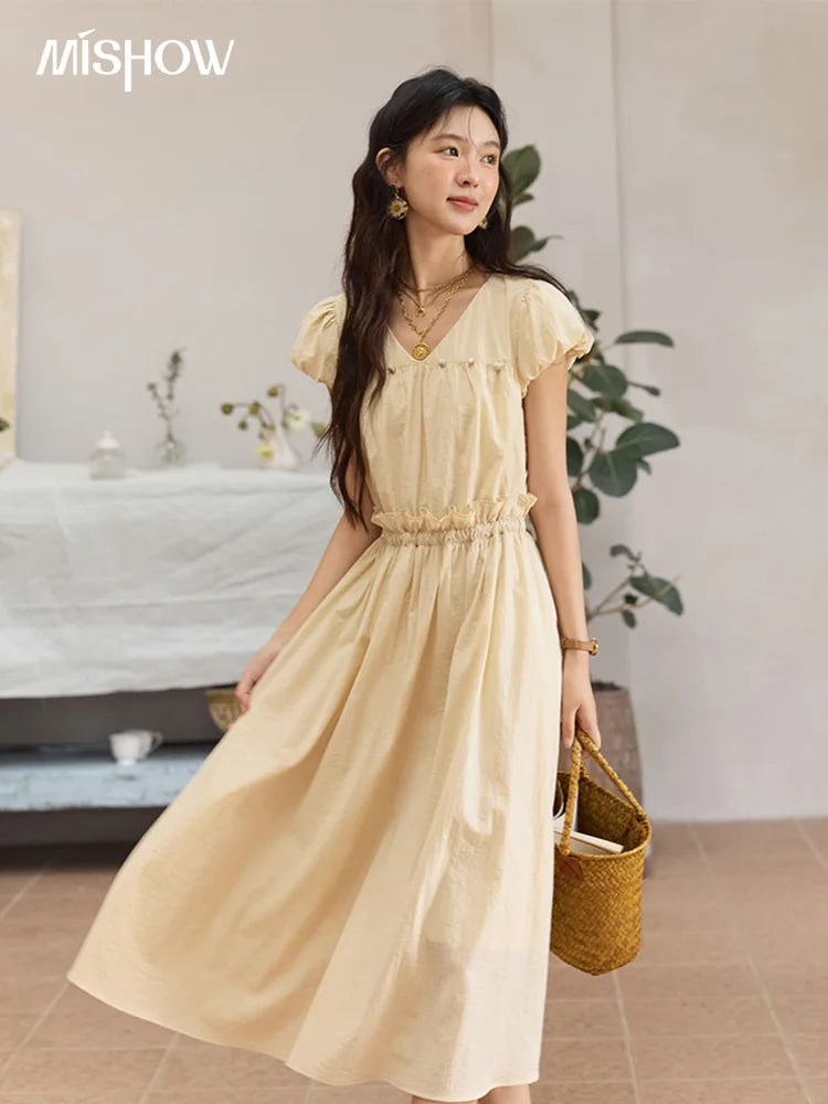 Mishow Flower Bud Sleeve V-Neck Sash Dress MXE34L2238