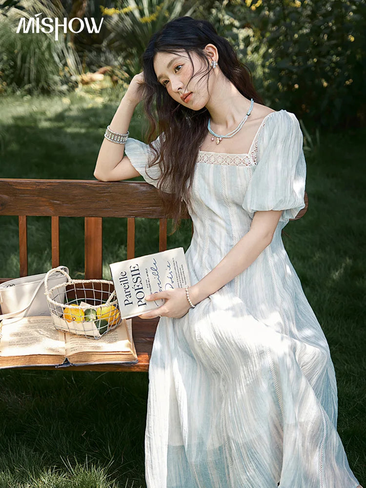 Mishow Striped Square Neck Lace Hollow Dress MXE39L2403