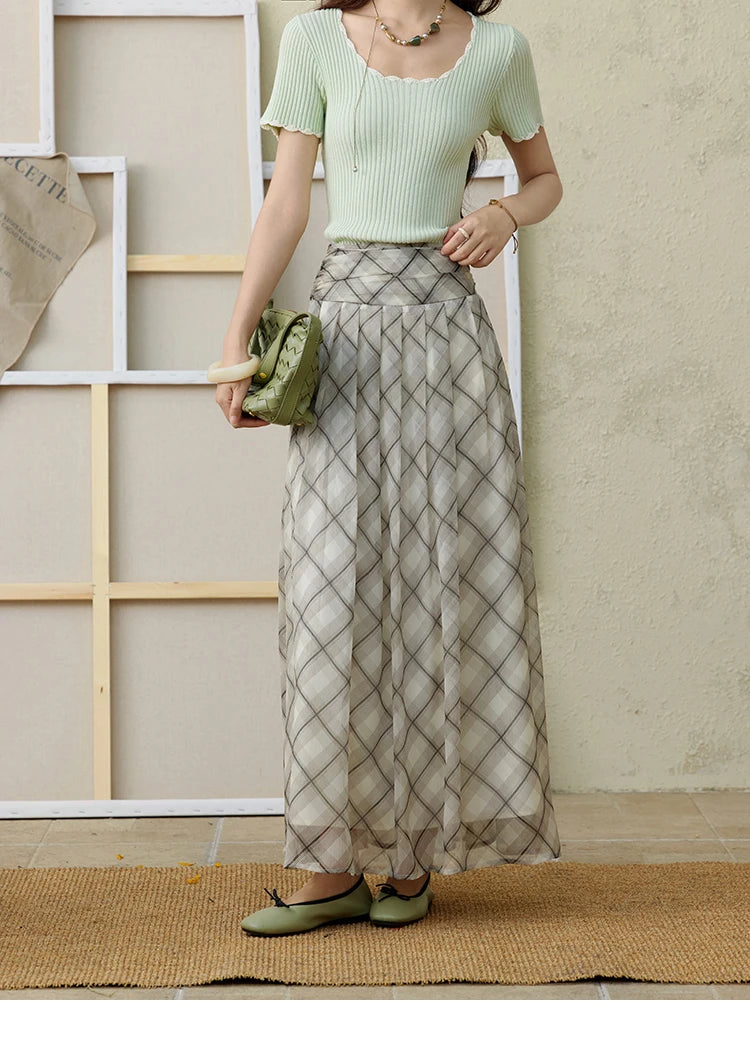 MISHOW Apricot Green Retro Plaid Skirt Pleated Chiffon High Waist A-Line MXE35B0747
