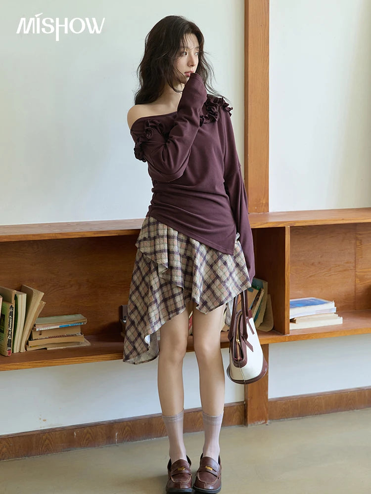 Mishow Purple Plaid Irregular Ruffle Hem Skirt MXE42B2395