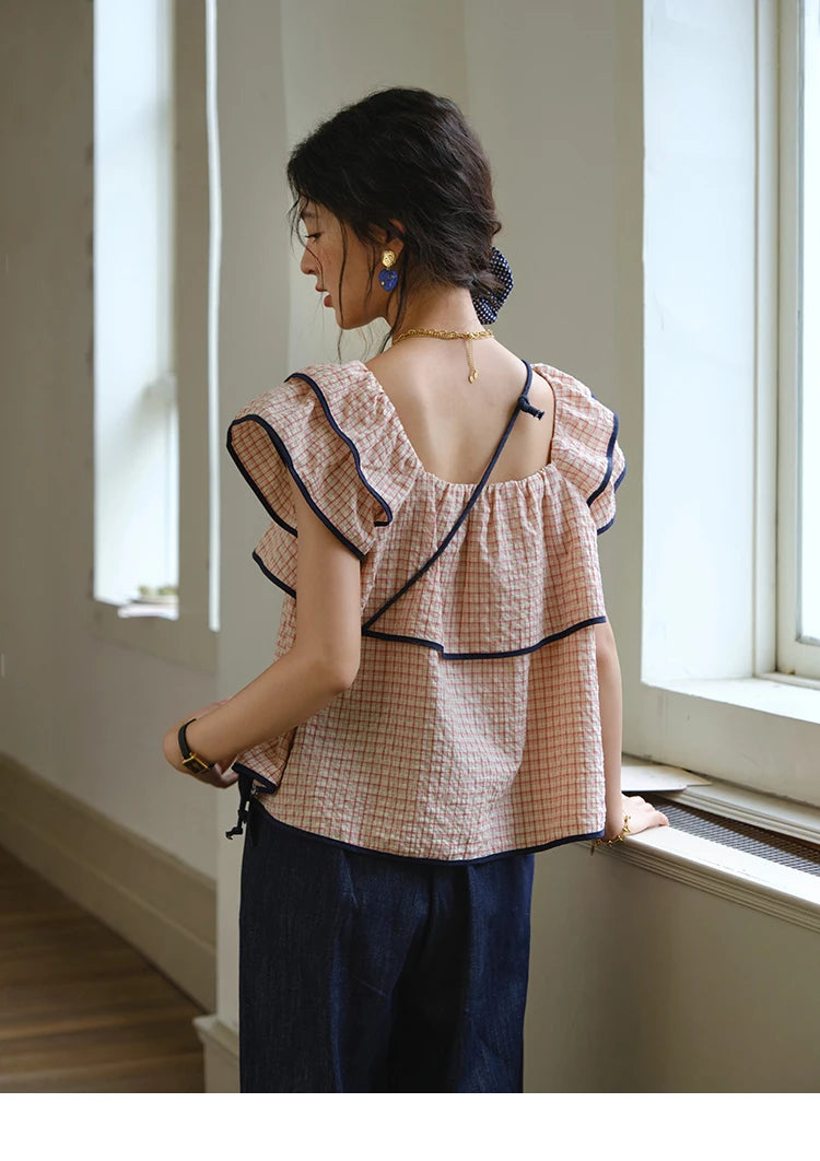 Mishow Square Neck Ruffles Plaid Blouse & High Waist Wide Leg Pants Set MXE36T0636