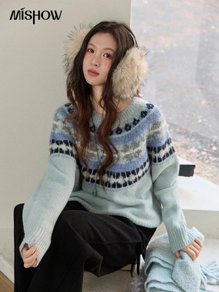Mishow Blue Fair Isle Geometric Jacquard Pullover MXE87Z2767