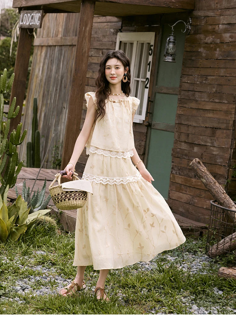 Mishow Short Flying Sleeve Top & Hollow Embroidery A-Line Skirt Set MXE33T0545