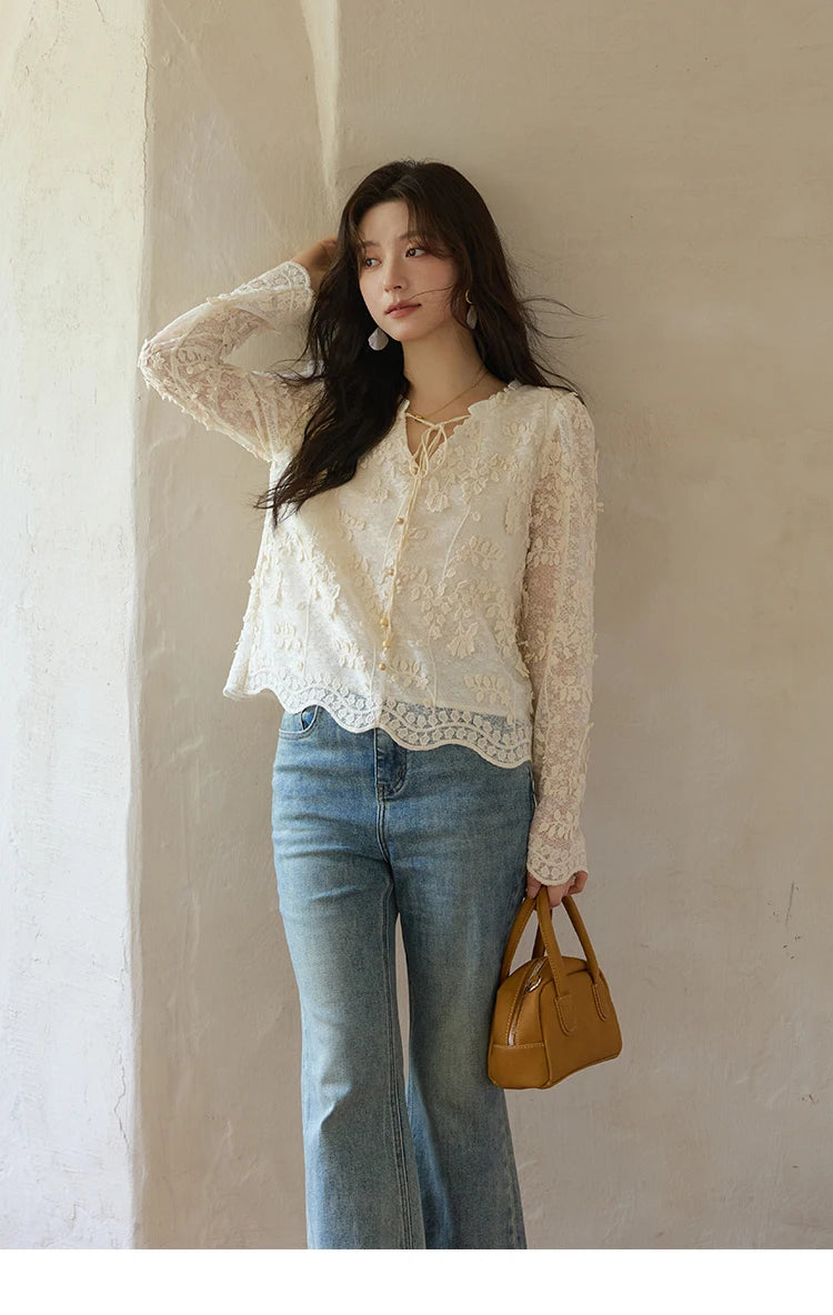 MISHOW Lace Jacquard Embroidered Shirt Black Fungus Edge MXE41X1927