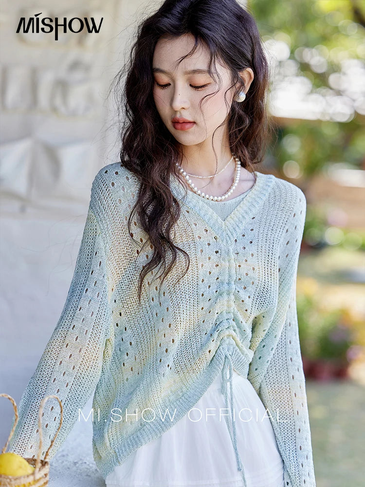 Mishow Gradient Blue Green V-Neck Drawstring Sweater MXE16Z1171