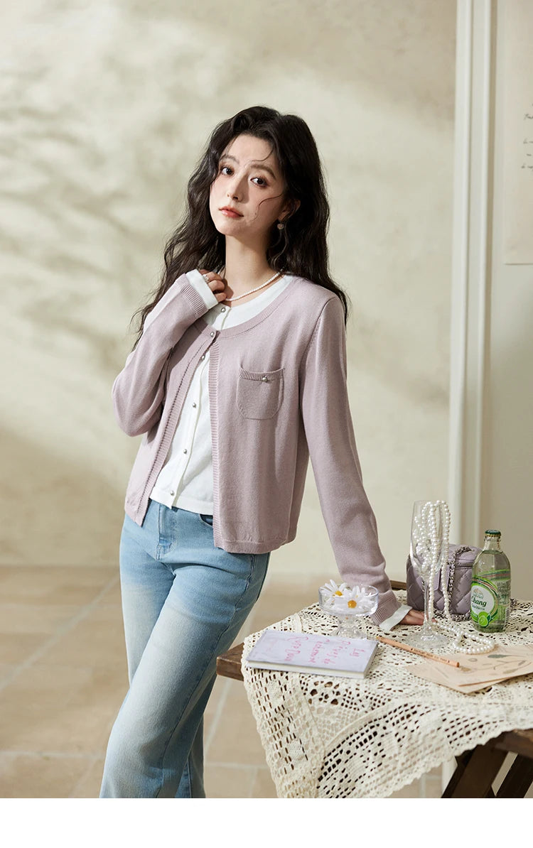 Mishow Fake Two-Piece Contrast Patch Pocket Cardigan MXE12Z1144