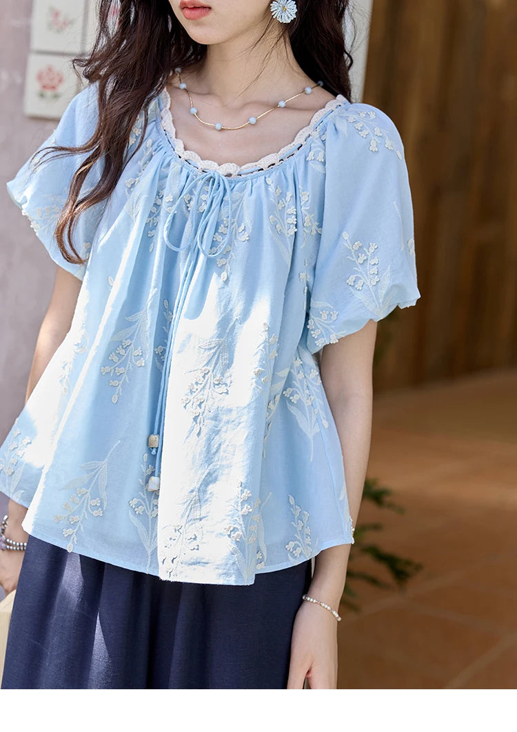 MISHOW Blue Cotton Embroidered Blouse Wave Edged O-Neck MXE35X1791