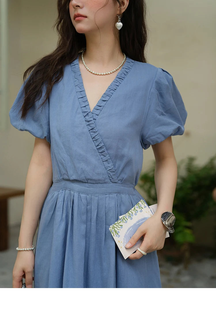 Mishow V-Neck Puff Sleeve Pocket Sash Dress MXE39L2381