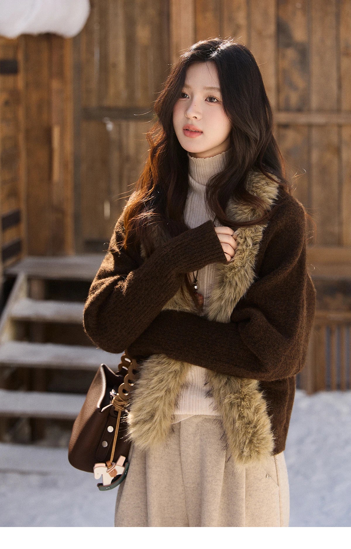 MISHOW Brown Knitted Cardigan Faux Fur Collar Batwing Sleeve MXE94Z2954