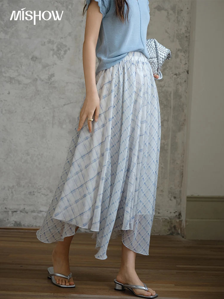 MISHOW Patchwork Plaid Chiffon Half Skirt High Waist A-Line MXE34B0739
