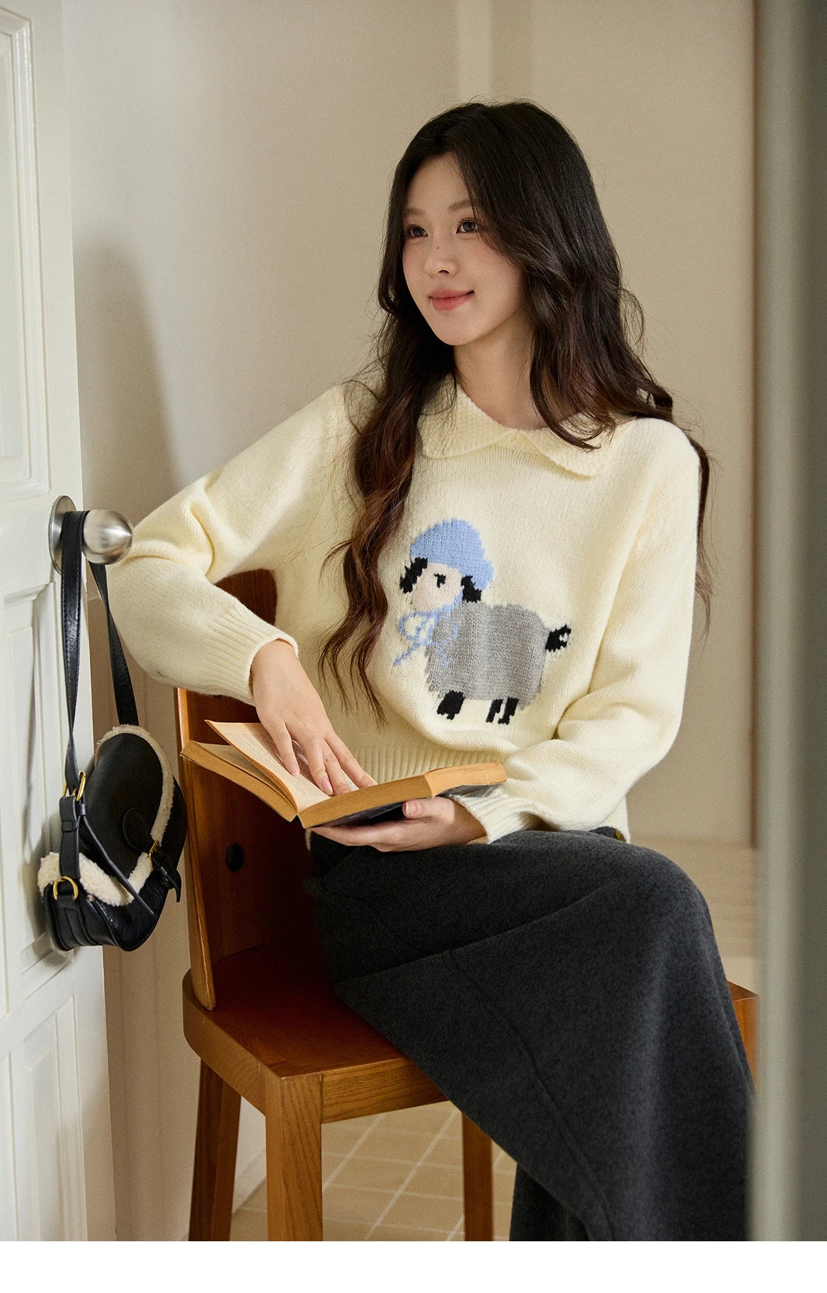 Mishow Beige Sheep Pattern Round Collar Sweater MXE94Z2962