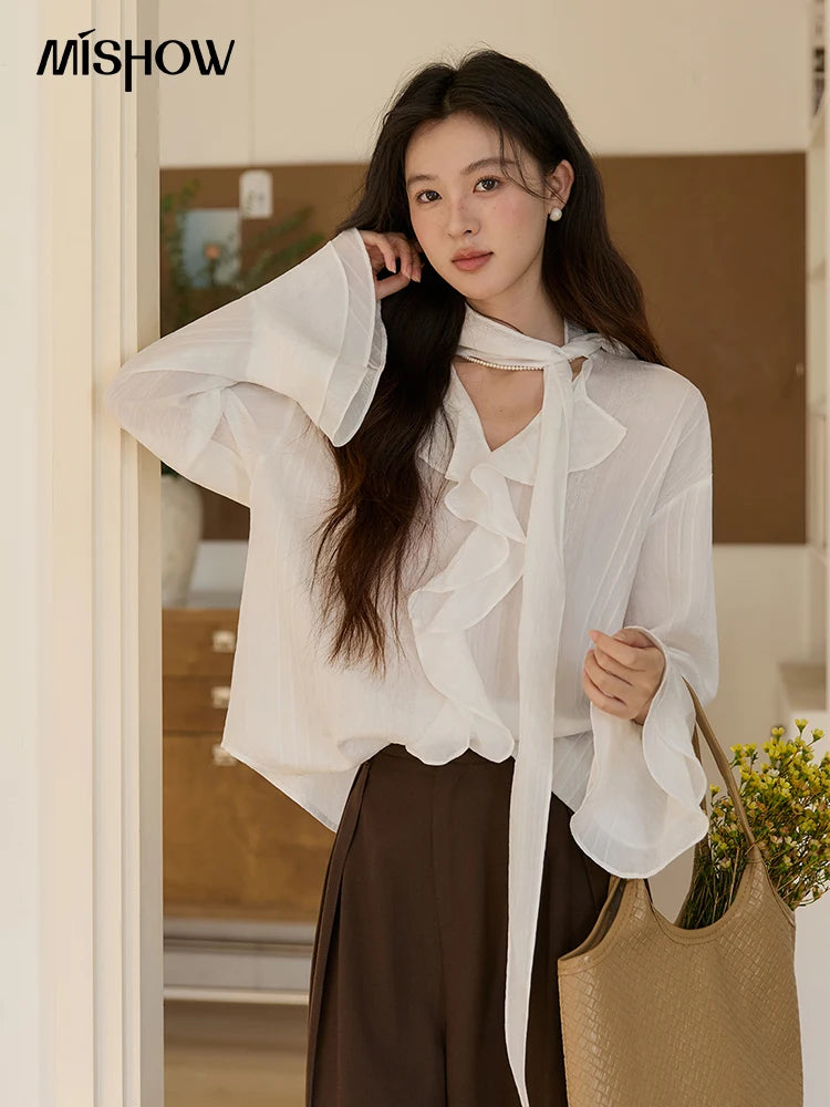 MISHOW Ruffle Trim Chiffon Blouse Detachable Scarf MXF108X0999