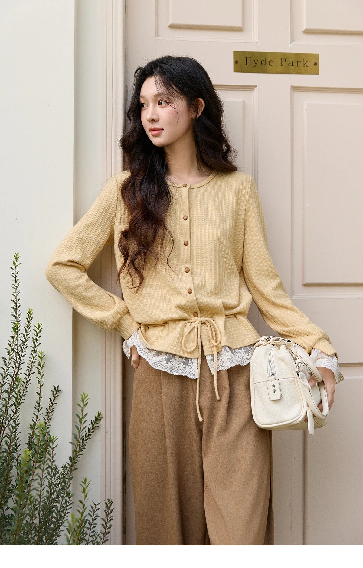 Mishow Yellow Ribbed Lace Trim Drawstring Cardigan MXF11Z2919