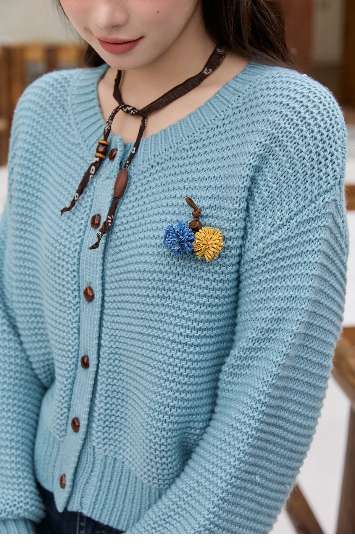 Mishow Blue Crew Neck Pompom Decor Cardigan MXE51Z2551