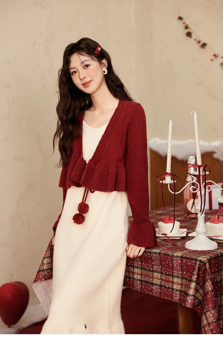 Mishow Pom-Pom Lace-Up Cardigan & Ruffle Strap Dress Set MXD59L2133