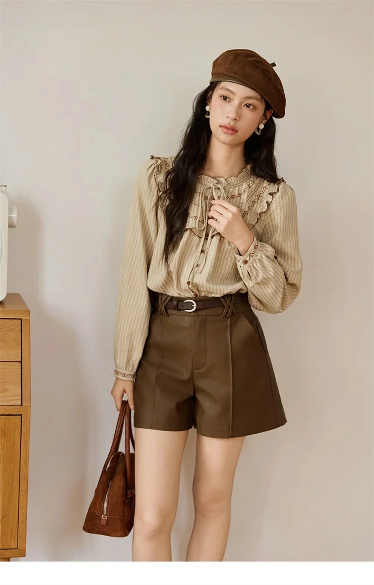 Mishow PU Leather High Waist A-Line Shorts with Slanted Pockets MXE48K1086
