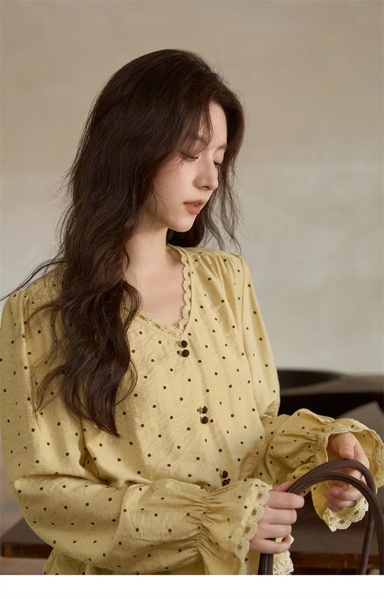 MISHOW Yellow Polka Dot Linen Blouse V-Neck Flare Sleeve MXE42X1975