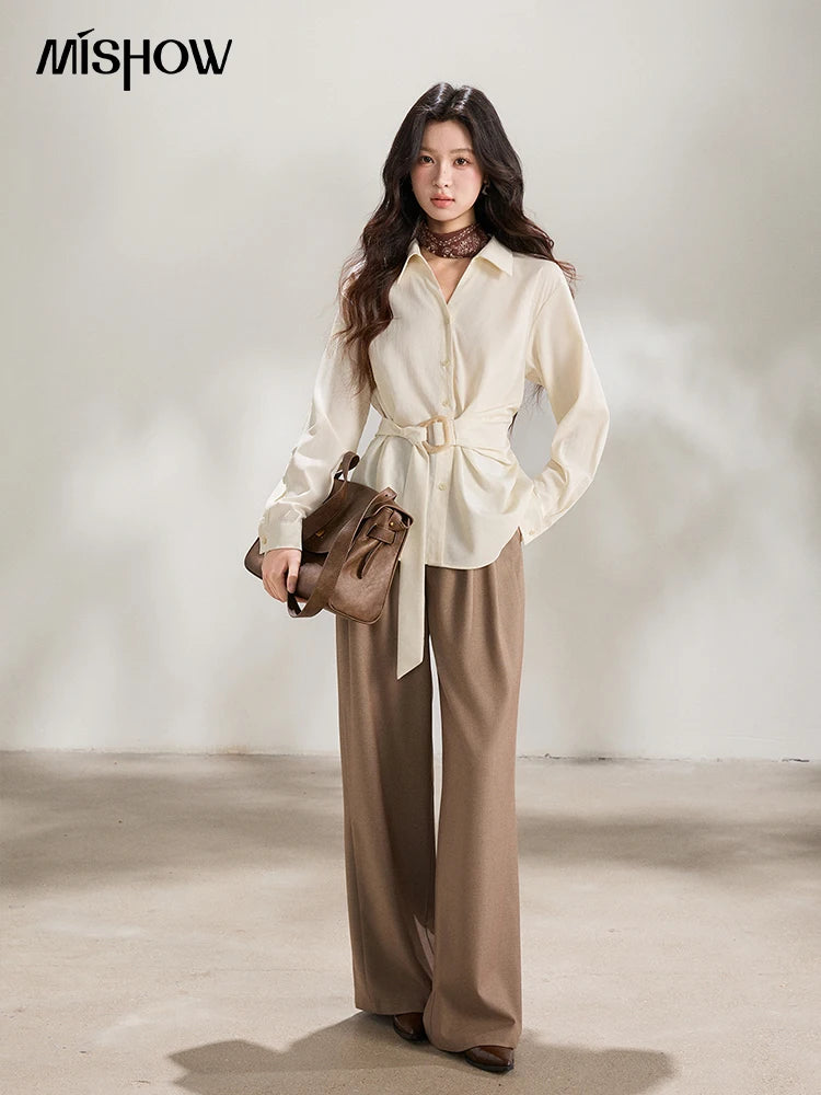 MISHOW Lapel Collar Shirt with Belted Waist Soft Beige MXF13C2452