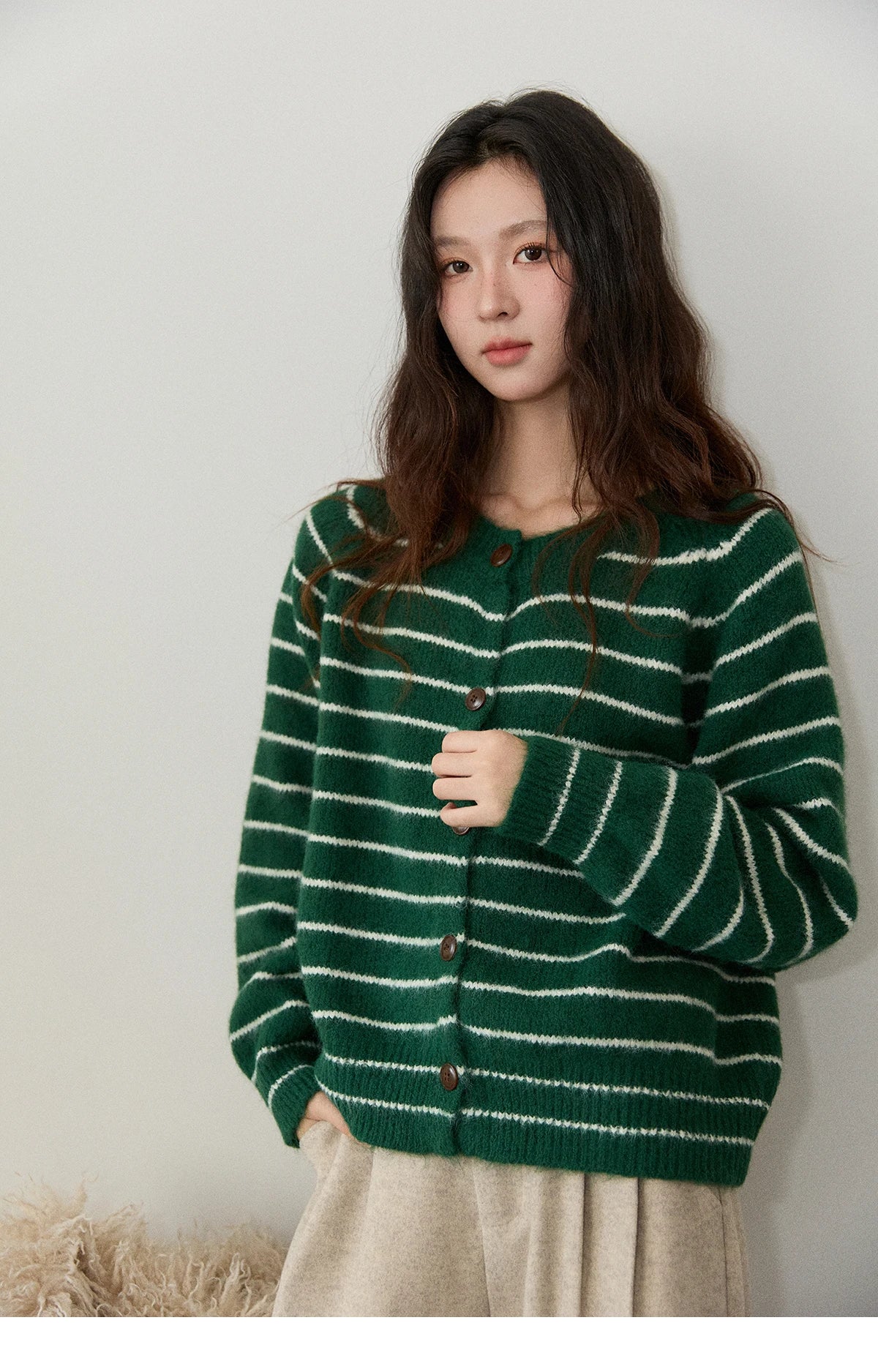 Mishow Green Striped Wool Blend Retro Cardigan MXE86Z2735