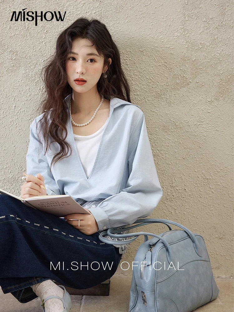 MISHOW French Fake Two-Piece Blouse Turn-Down Collar Lace Splicing MXE16C0783