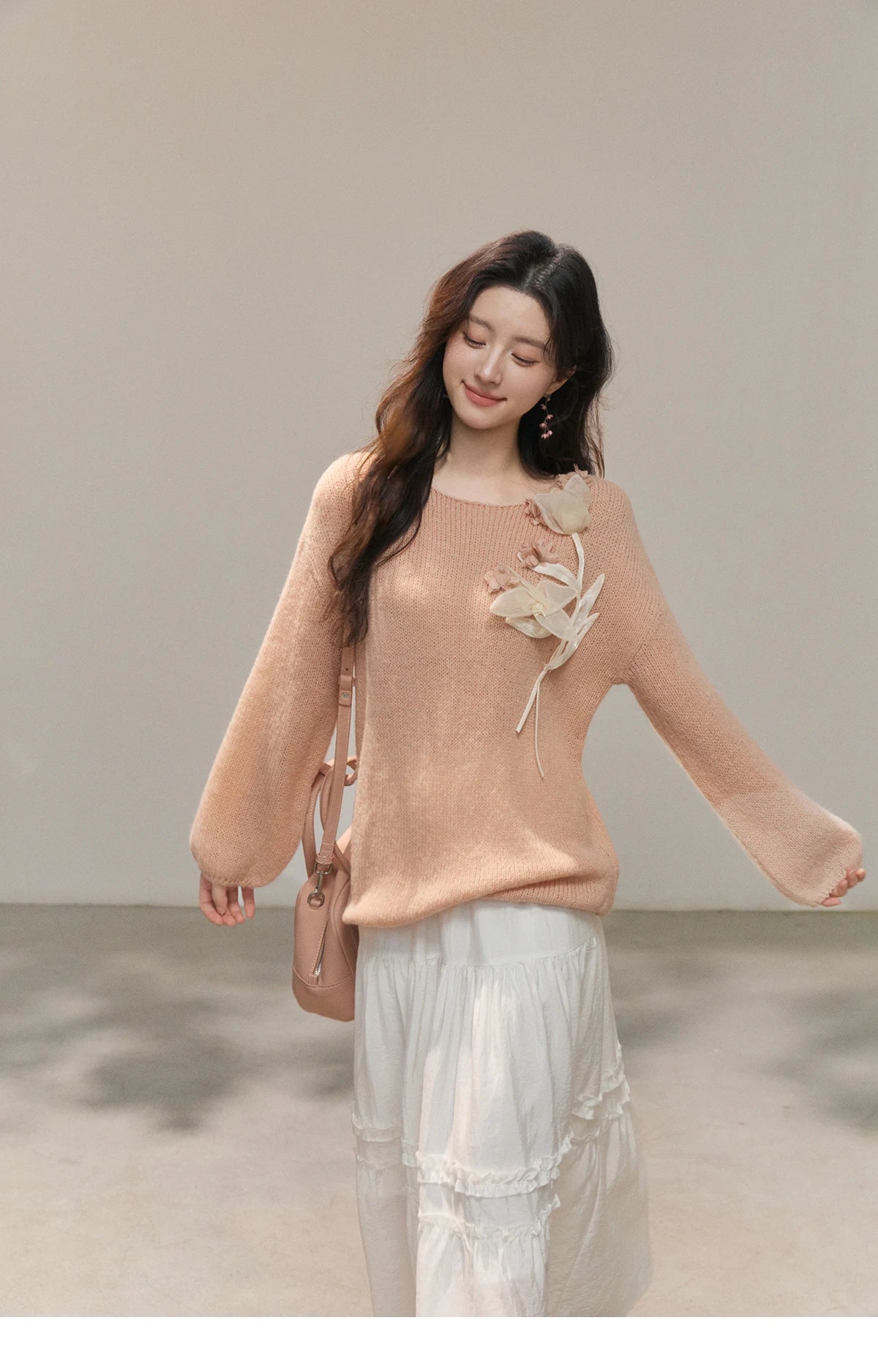 Mishow Pinkish Beige 3D Floral Applique Crew Neck Sweater MXE47Z2649