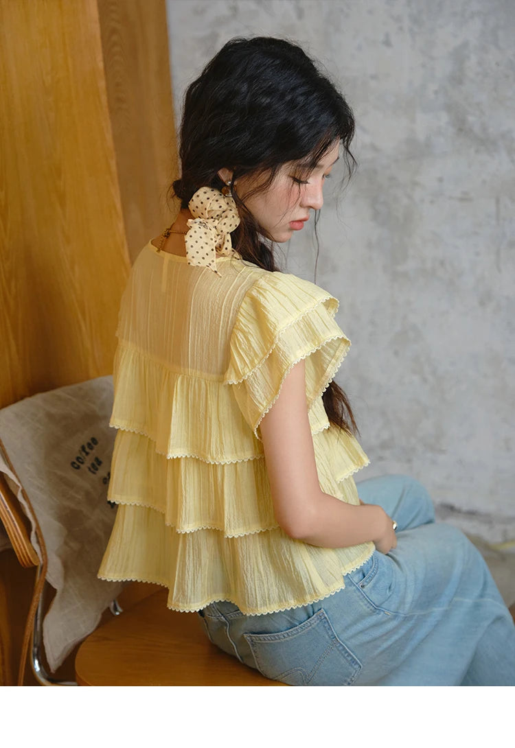 MISHOW Butterfly Sleeve Chiffon Shirt Square Neck Button MXD30X1488