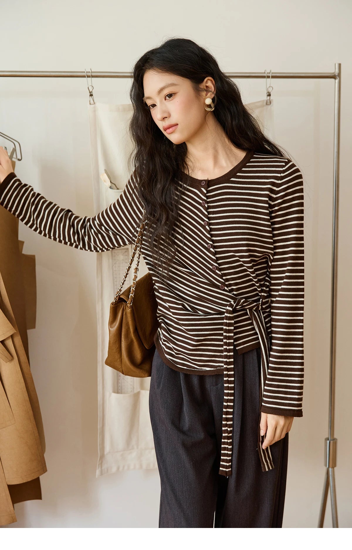 Mishow Coffee Striped Knitted Cardigan Sweater MXE46Z2537
