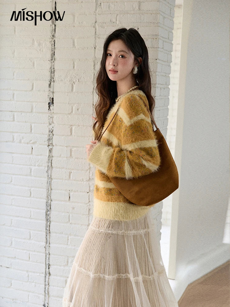 Mishow Retro Yellow Striped Faux Mink Jacquard Sweater MXE87Z2766