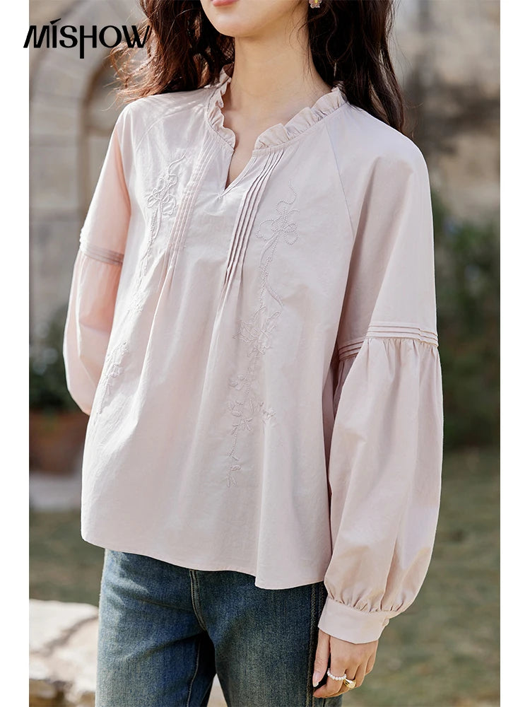 MISHOW Pink Cotton Ruffled Blouse Loose Long Sleeve MXE13X1699