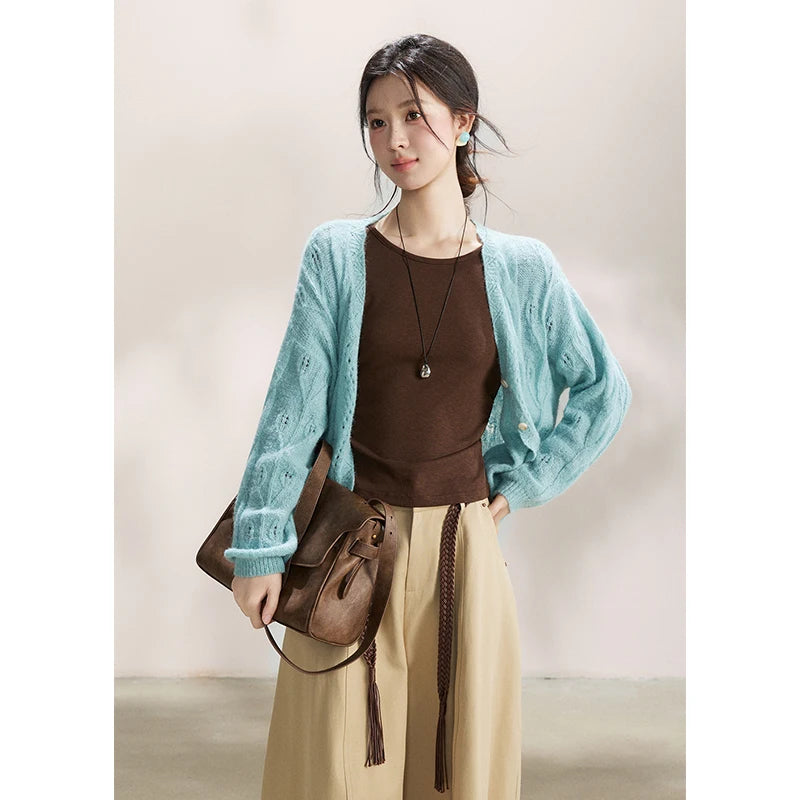 Mishow Blue Hollow Out V-Neck Wool Cardigan MXF13Z2975
