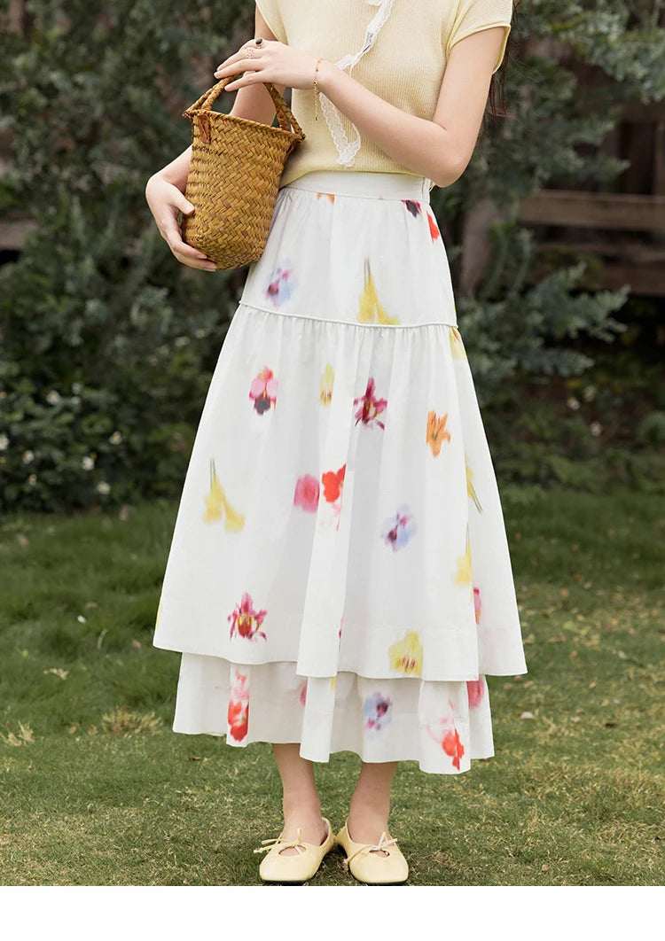 MISHOW White Background Flower Cotton Skirt High Waist A-LINE MXE32B0720