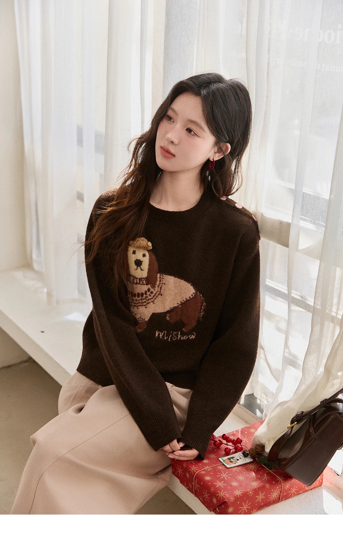 Mishow French Crew Neck Dog Jacquard Pullover MXE94Z2890