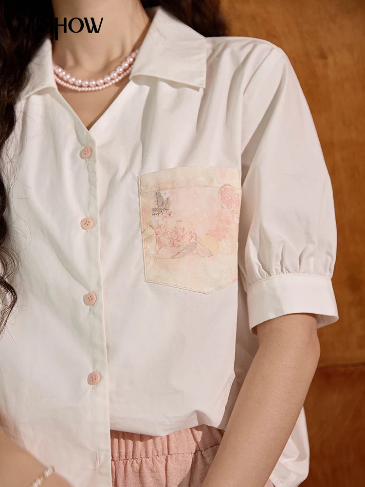MISHOW Cotton Short Sleeve Shirt Embroidered Pocket Puff Sleeve MXD26C0243