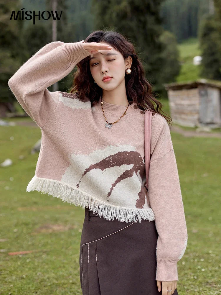 Mishow Tassel Half High Neck Lantern Sleeve Pullover MXD43Z0680