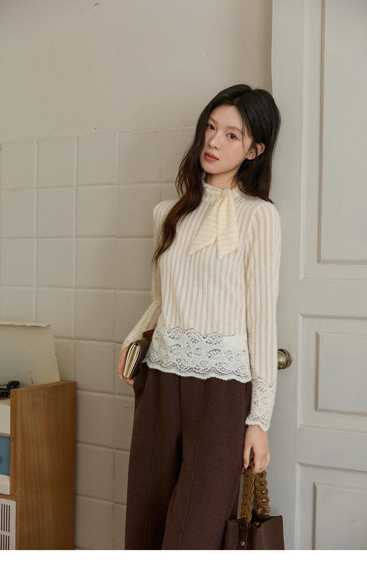 Mishow French Lace-Up Vertical Stripe Knit Top MXE92Z2797