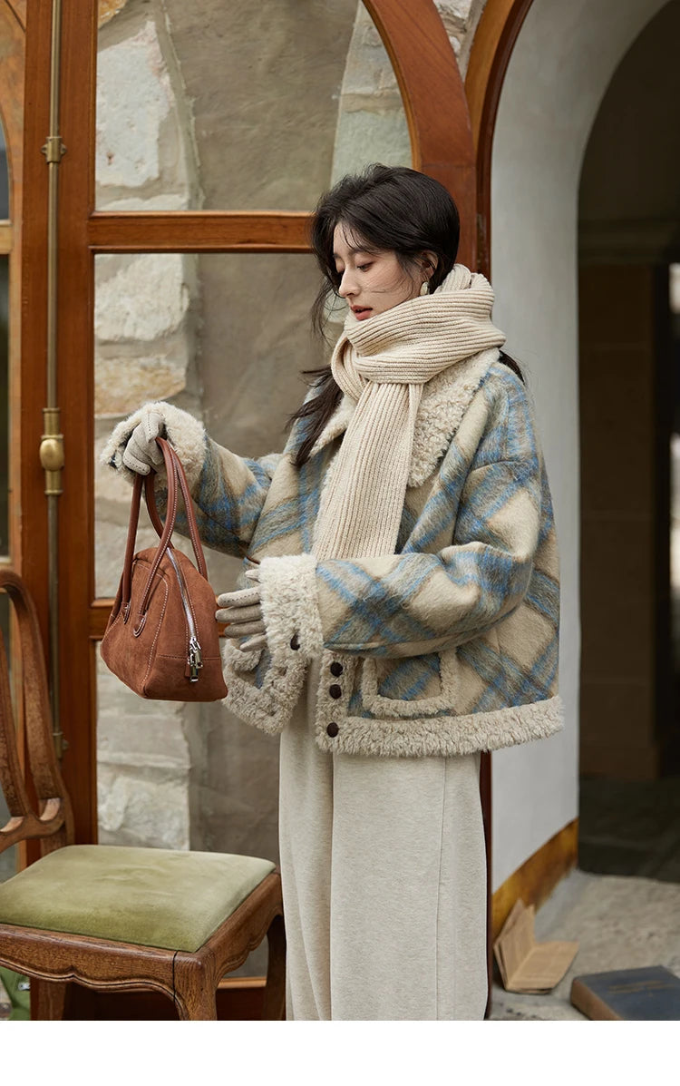 MISHOW Splicing Fleece Plaid Tweed Jacket Turn Down Collar MXD55W0574