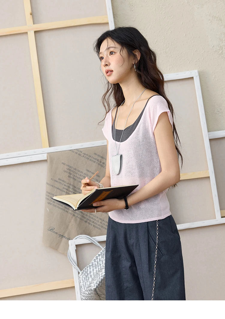 Mishow Linen Contrast Fake Two-Piece Knit Tee MXE36Z1277