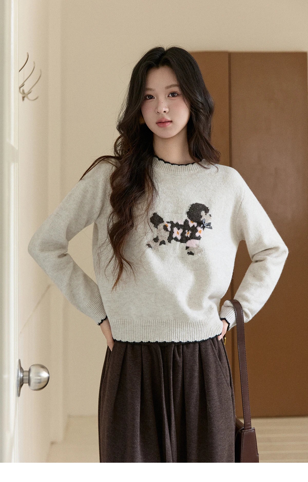 Mishow Burgundy Poodle Pattern Ruffled Trim Pullover MXE93Z2949