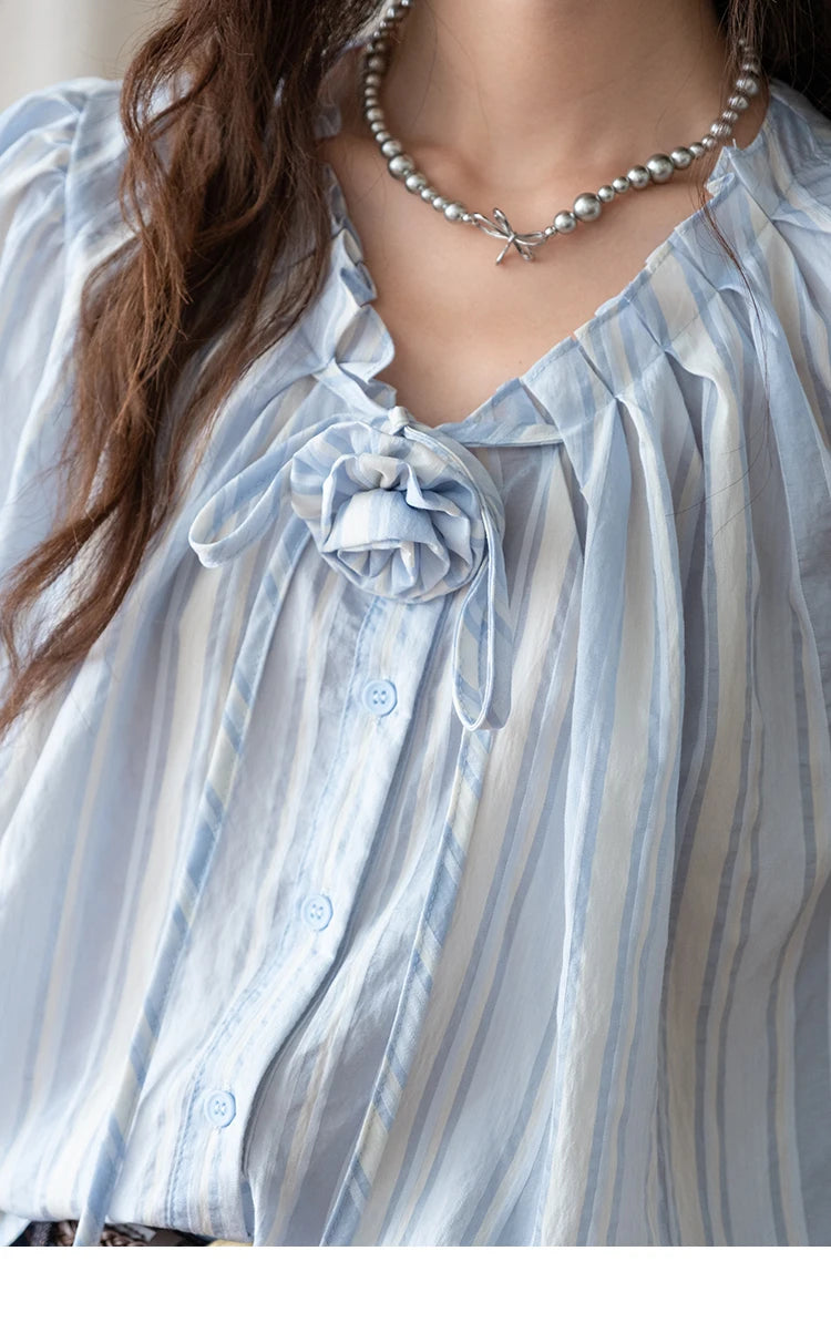 MISHOW Striped Puff Sleeve V-Neck Button Shirt MXE36X1870