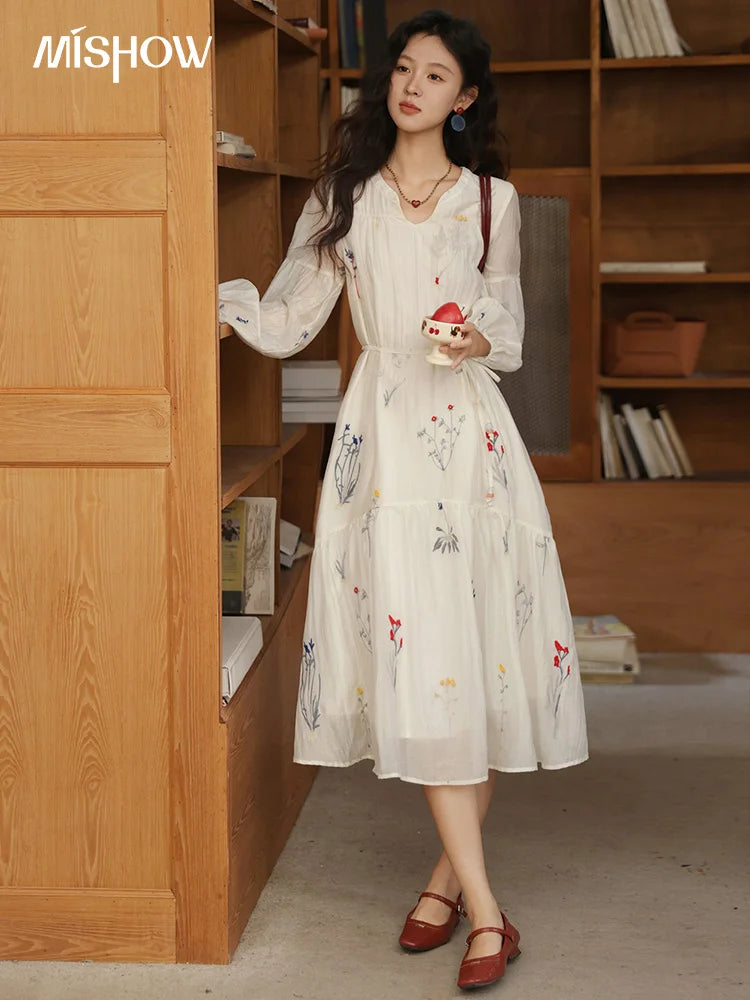 Mishow Beige Curved Collar Lantern Sleeve Tied Dress MXE41L2487