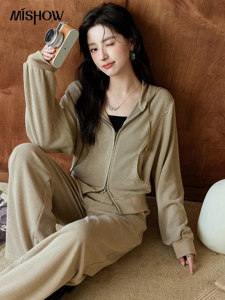 Mishow Hooded Double Zipper Sweatshirt & Straight Leg Pants Set MXD44Z0794