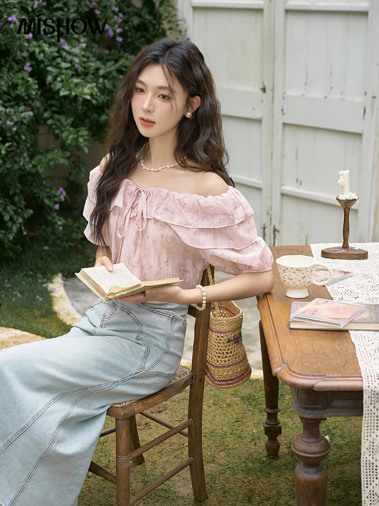 MISHOW French Retro Floral Blouse One Shoulder Ruffled Edge Lace Up MXD25X1520