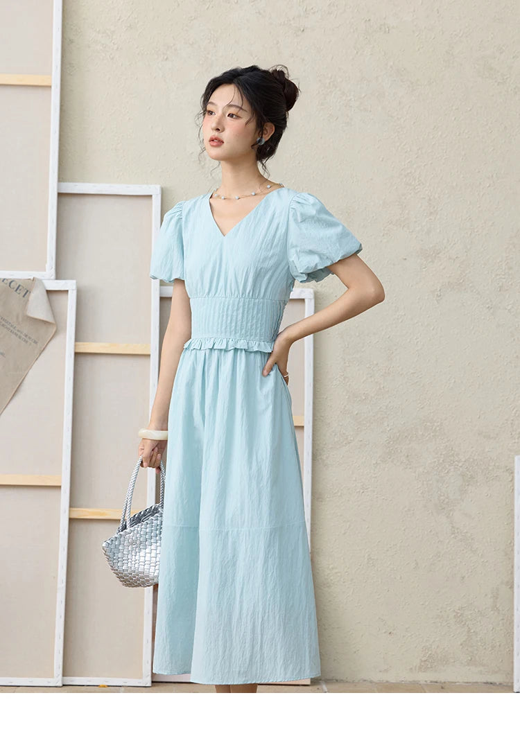 Mishow French Puff Sleeve V-Neck Cotton Dress MXE34L2288